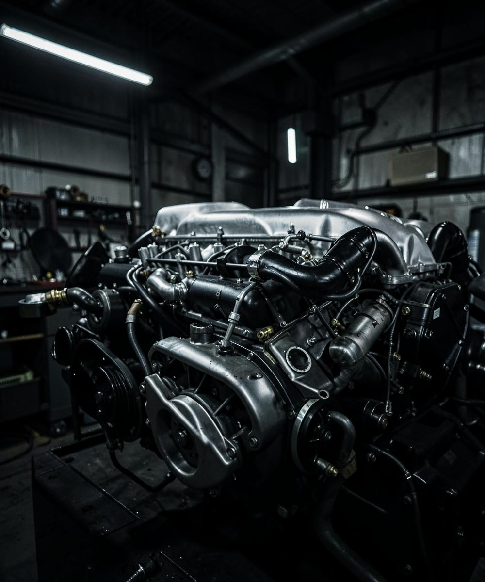 Motor diesel em manutenção na oficina Biu Serviços Automotivos em São José/SC